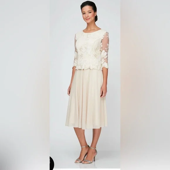 Alex Evenings | Dresses | Alex Evenings Tea Length Embroidered Dress With  Illusion Sleeve Sz 6p | Poshmark